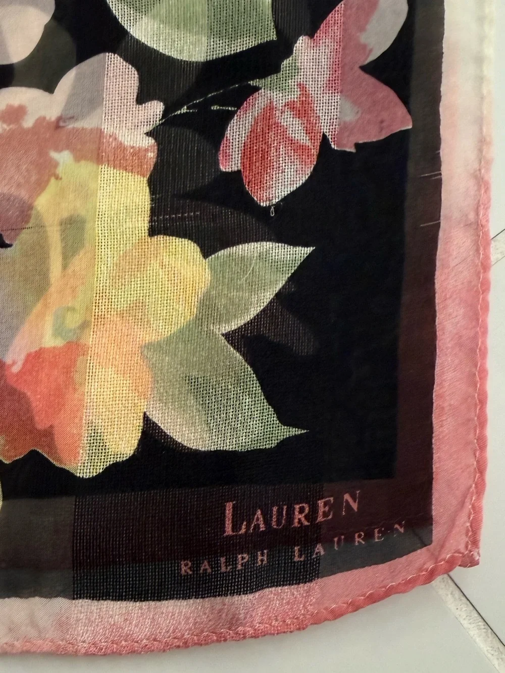 Lauren Ralph Lauren Floral Sheer Silk Scarf with Peach and Green Blooms